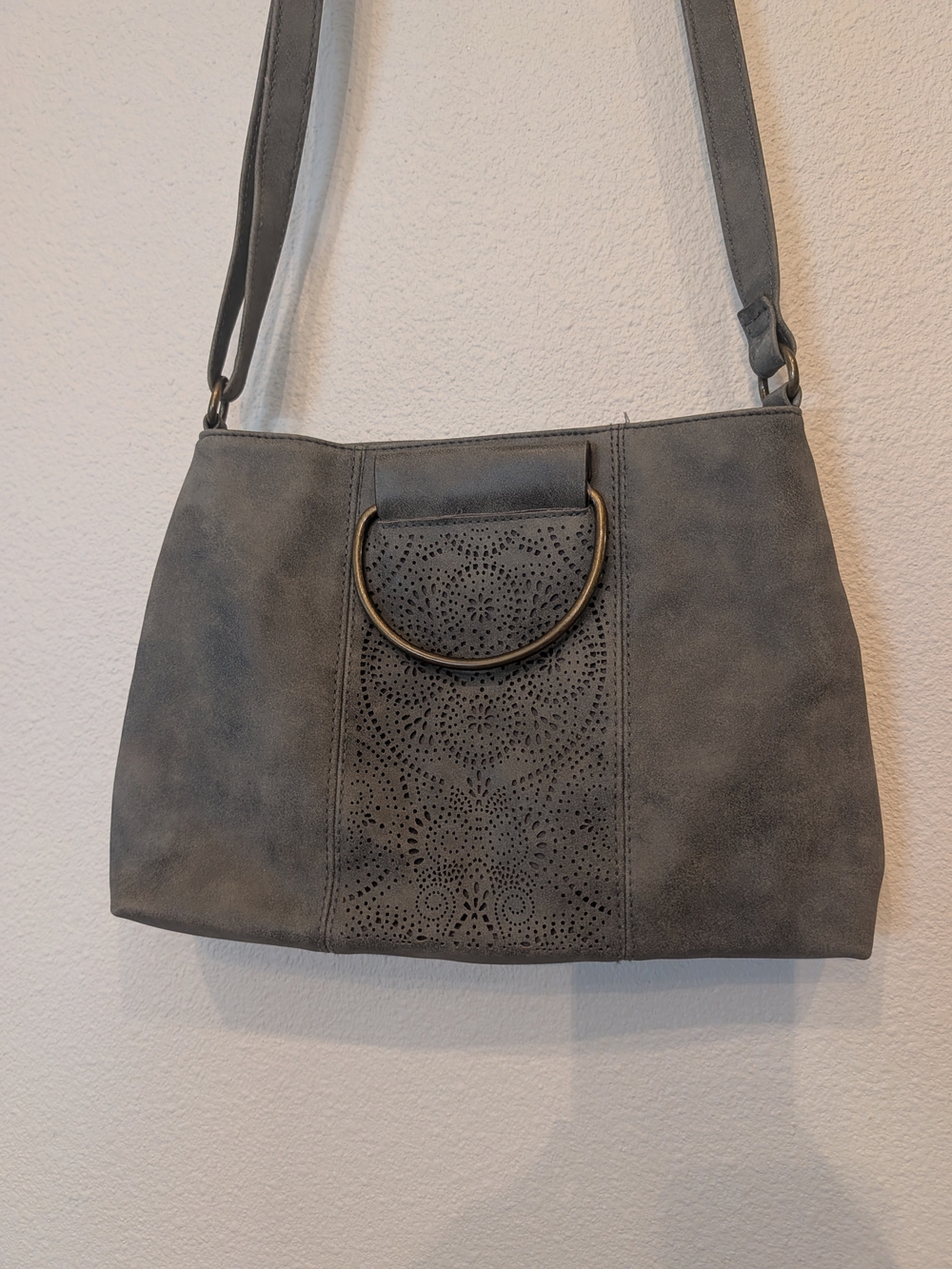 Boho chic faux suede crossbody bag in a versatile washed charcoal hue